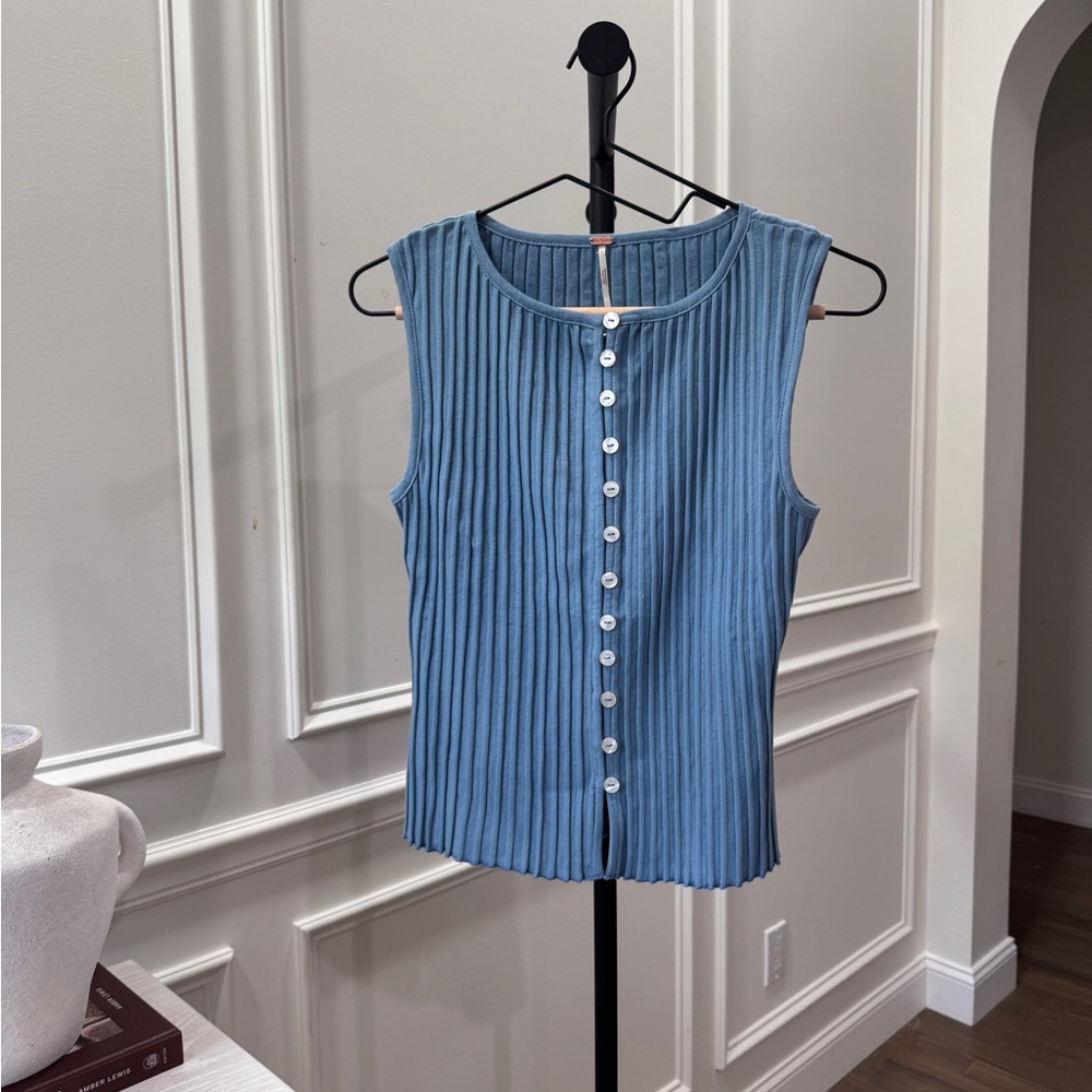Free People Blue Ribbed Buttoned Tank Top